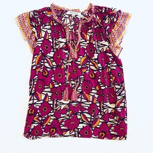 Rose + Olive top Women's Small pink orange ruffles tassels colorful floral